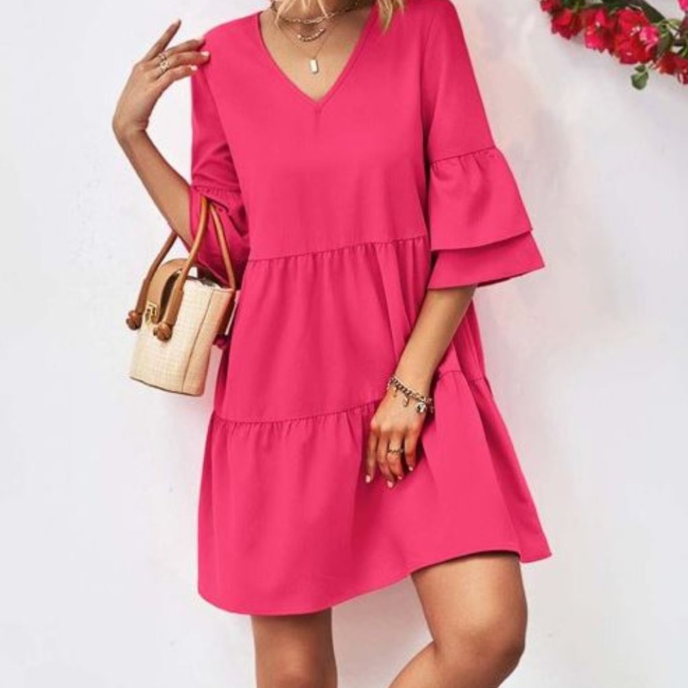 NWOT Beyond This Plane | Hot Pink Tiered V-Neck Shift Dress
